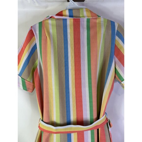 Vintage 70s Rainbow Stripe Belt Wrap Button Shirt Preppy Rockabilly - Picture 8 of 9